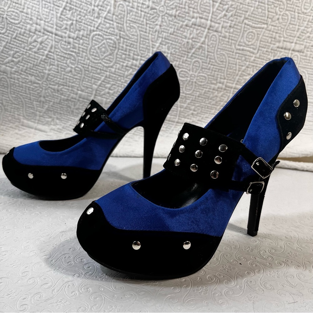 Show Story Royal Blue Black Two Tone Metal Stud Buckle High Heel Stilettos 39